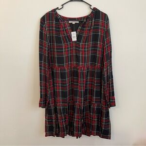 LOFT L NEW BLACK MULTI COLOR PLAID TIERED RELAXED FIT HOLIDAY DRESS